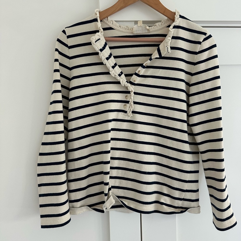 Sezane Gael Mariniere Navy Stripe Ruffle Top